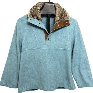 Orvis Teal 1/4 Snap Fleece Sweater Faux Fur & Suede Collar Womens Size XL